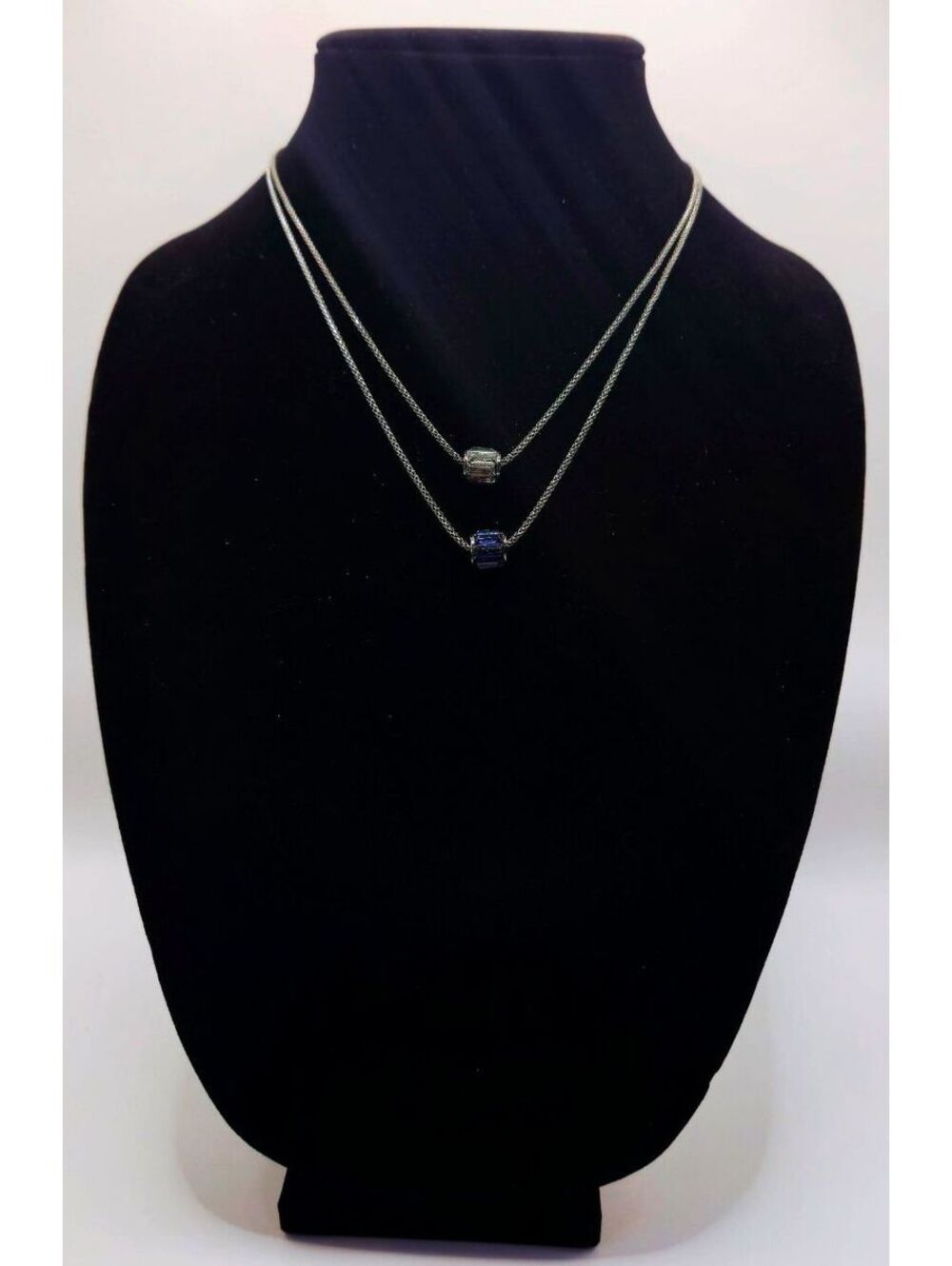 Kenneth Cole New York Layered Necklace Silver Tone Blue & White Barrel Bead Sign